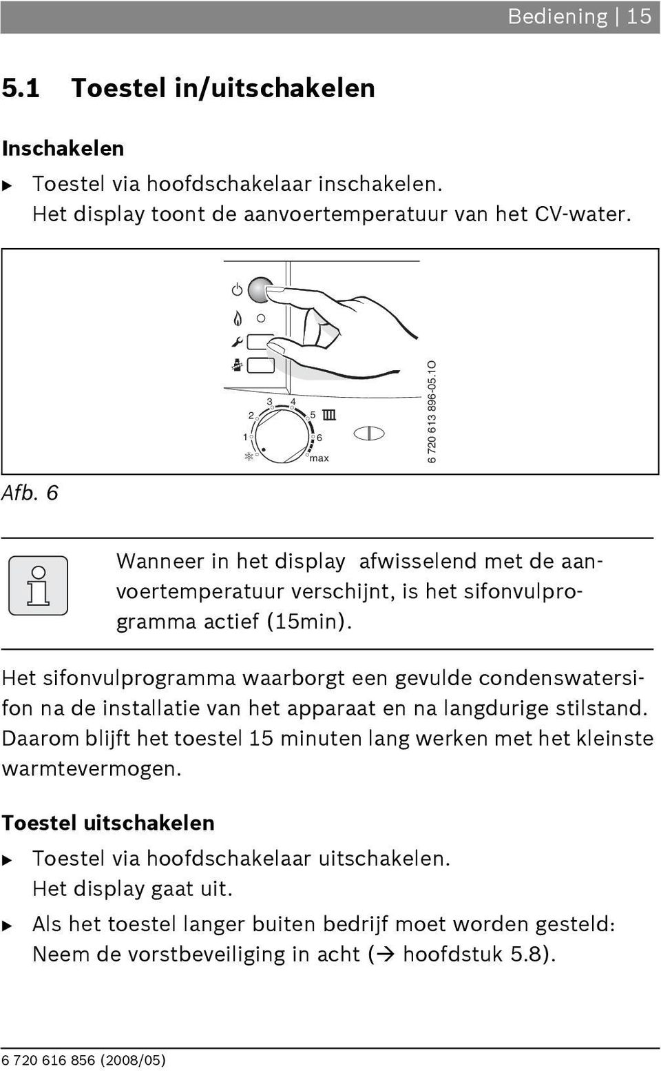 Het sifonvulprogramma waarborgt een gevulde condenswatersifon na de installatie van het apparaat en na langdurige stilstand.