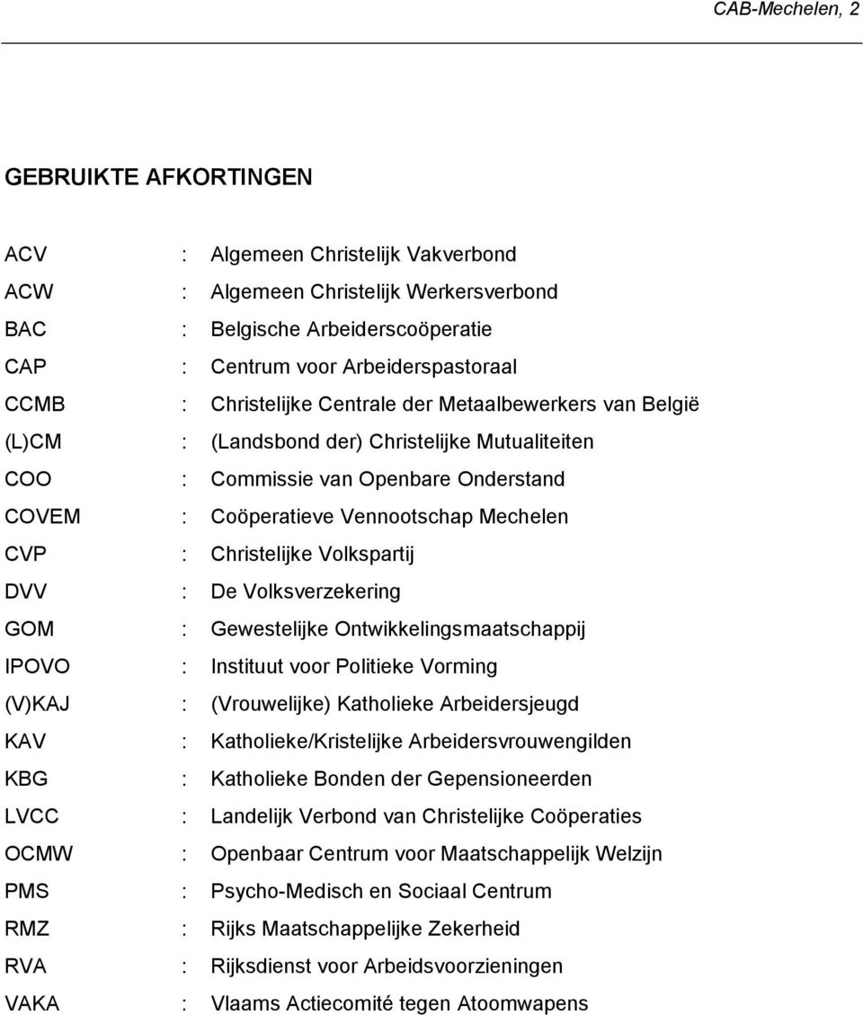 Christelijke Volkspartij DVV : De Volksverzekering GOM : Gewestelijke Ontwikkelingsmaatschappij IPOVO : Instituut voor Politieke Vorming (V)KAJ : (Vrouwelijke) Katholieke Arbeidersjeugd KAV :