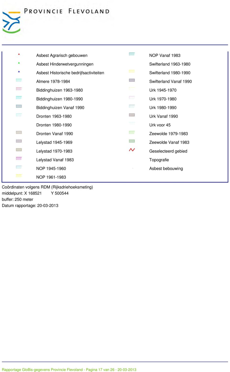 Vanaf 1990 Zeewolde 1979-1983 Lelystad 1945-1969 Zeewolde Vanaf 1983 Lelystad 1970-1983 Lelystad Vanaf 1983 NOP 1945-1960 Geselecteerd gebied Topografie Asbest bebouwing NOP 1961-1983