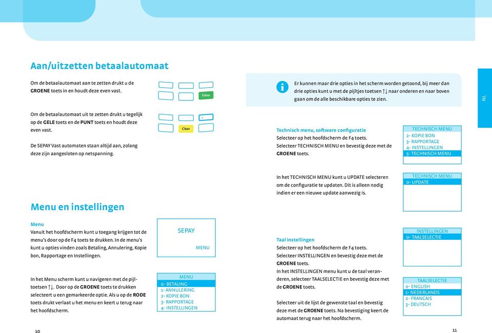 Om de betaalautomaat uit te zetten drukt u tegelijk op de GELE toets en de PUNT toets en houdt deze even vast. De SEPAY Vast automaten staan altijd aan, zolang deze zijn aangesloten op netspanning.