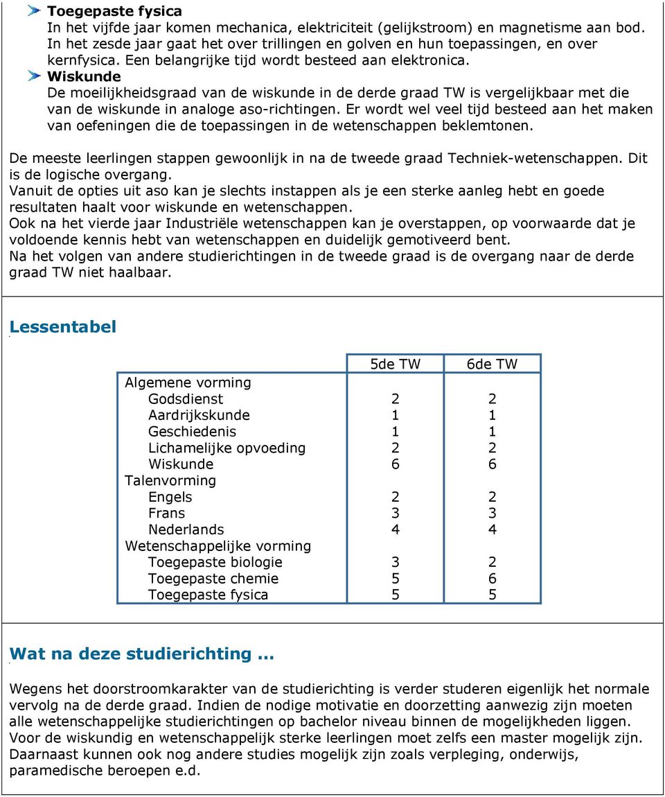 Er wordt wel veel tijd besteed aan het maken van oefeningen die de toepassingen in de wetenschappen beklemtonen. De meeste leerlingen stappen gewoonlijk in na de tweede graad Techniek-wetenschappen.