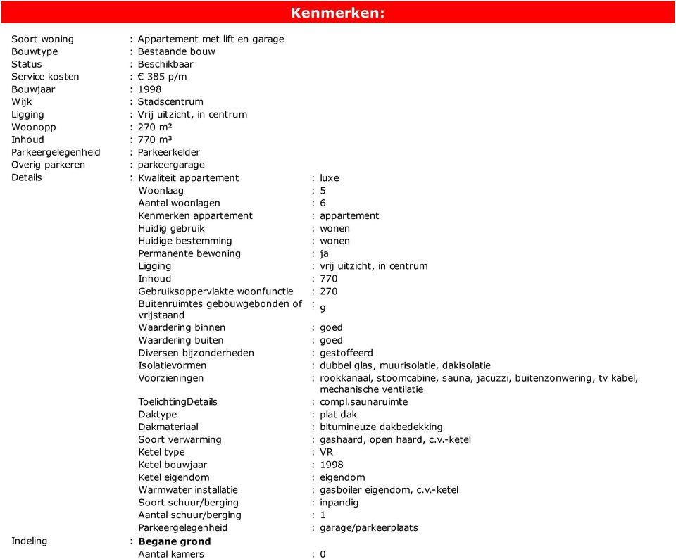 appartement : appartement Huidig gebruik : wonen Huidige bestemming : wonen Permanente bewoning : ja Ligging : vrij uitzicht, in centrum Inhoud : 770 Gebruiksoppervlakte woonfunctie : 270