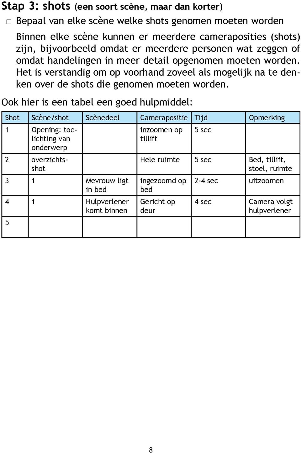 Het is verstandig om op voorhand zoveel als mogelijk na te denken over de shots die genomen moeten worden.