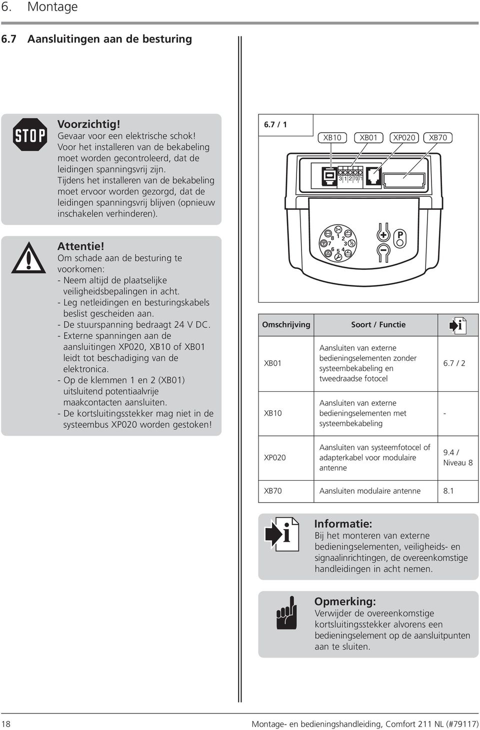 Om schade aan de besturing te voorkomen: Neem altijd de plaatselijke veiligheidsbepalingen in acht. Leg netleidingen en besturingskabels beslist gescheiden aan. De stuurspanning bedraagt 24 V DC.