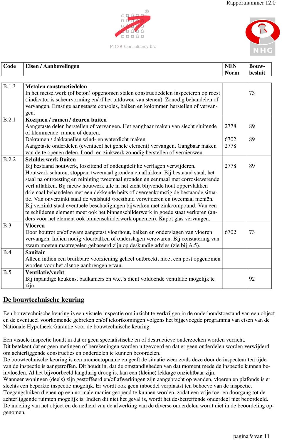 Zonodig behandelen of vervangen. Ernstige aangetaste consoles, balken en kolommen herstellen of vervangen. Kozijnen / ramen / deuren buiten Aangetaste delen herstellen of vervangen.