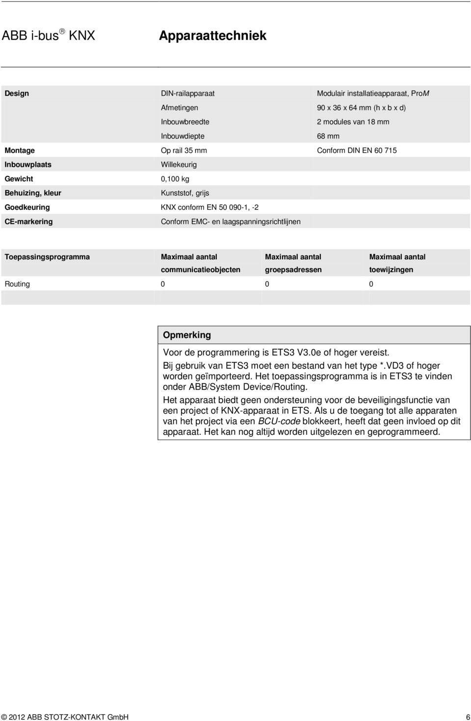 Toepassingsprogramma Maximaal aantal Maximaal aantal Maximaal aantal communicatieobjecten groepsadressen toewijzingen Routing 0 0 0 Opmerking Voor de programmering is ETS3 V3.0e of hoger vereist.