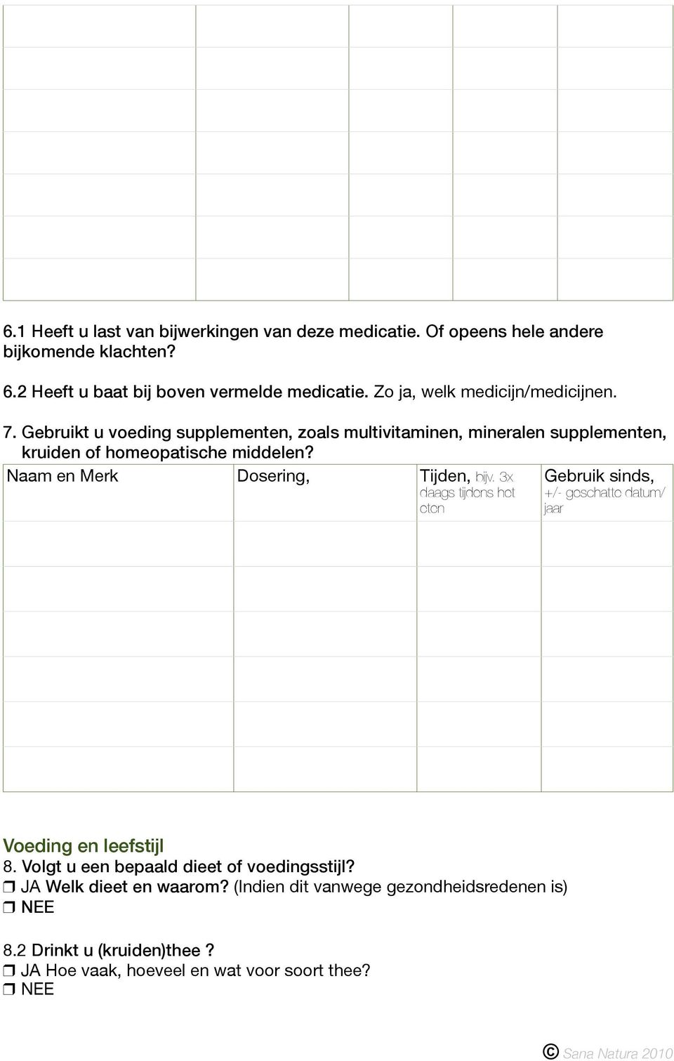 Naam en Merk Dosering, Tijden, bijv. 3x daags tijdens het eten Gebruik sinds, +/- geschatte datum/ jaar Voeding en leefstĳl 8.