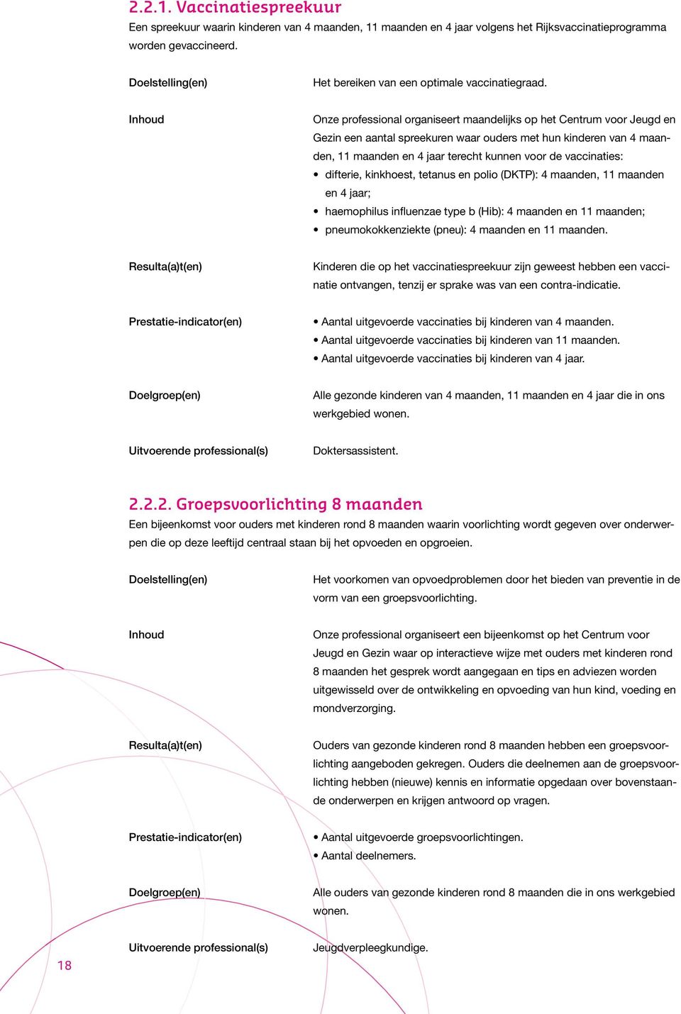 difterie, kinkhoest, tetanus en polio (DKTP): 4 maanden, 11 maanden en 4 jaar; haemophilus influenzae type b (Hib): 4 maanden en 11 maanden; pneumokokkenziekte (pneu): 4 maanden en 11 maanden.