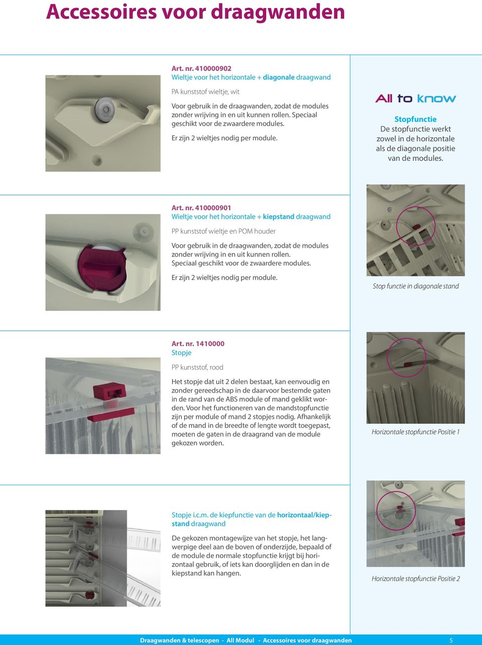 Speciaal ge schikt voor de zwaardere modules. Er zijn 2 wieltjes nodig per module. All to know Stopfunctie De stopfunctie werkt zowel in de horizontale als de diagonale positie van de modules. Art.