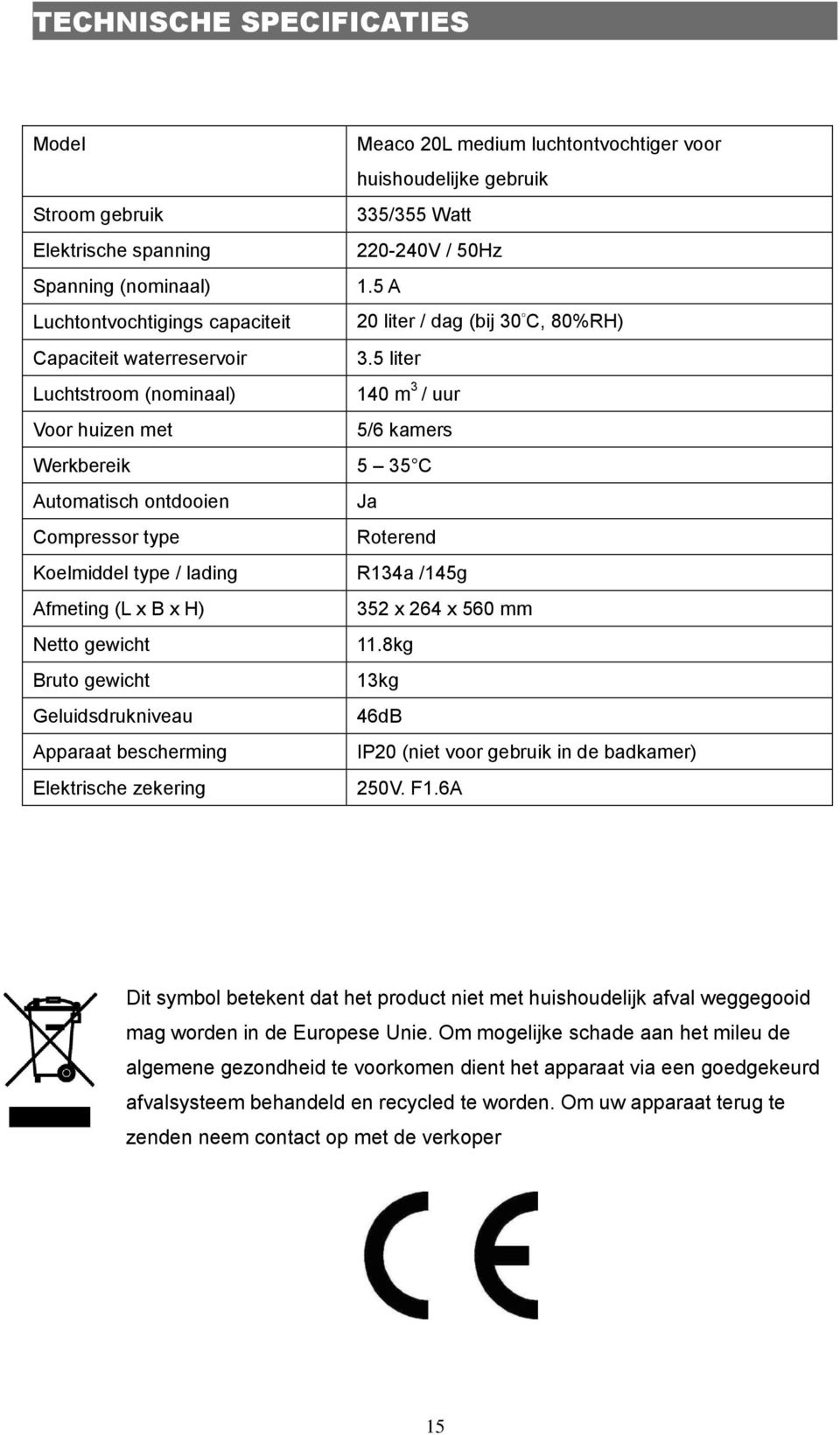 5 liter Luchtstroom (nominaal) 140 m 3 / uur Voor huizen met 5/6 kamers Werkbereik 5 35 C Automatisch ontdooien Ja Compressor type Roterend Koelmiddel type / lading R134a /145g Afmeting (L x B x H)