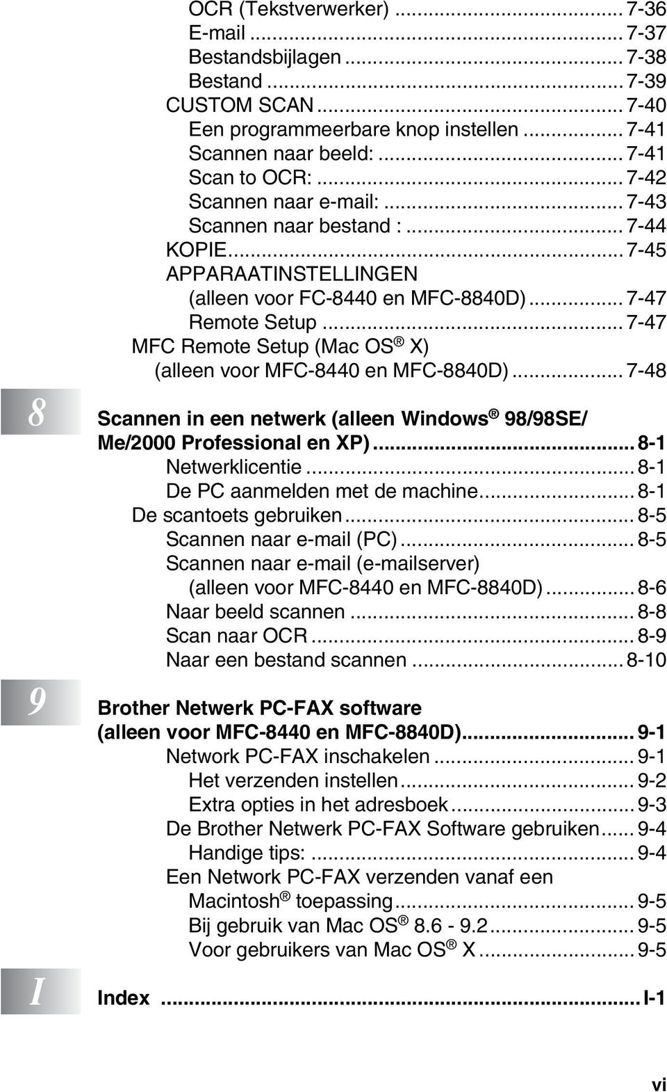 .. 7-47 MFC Remote Setup (Mac OS X) (alleen voor MFC-8440 en MFC-8840D)... 7-48 8 Scannen in een netwerk (alleen Windows 98/98SE/ Me/2000 Professional en XP)... 8-1 Netwerklicentie.