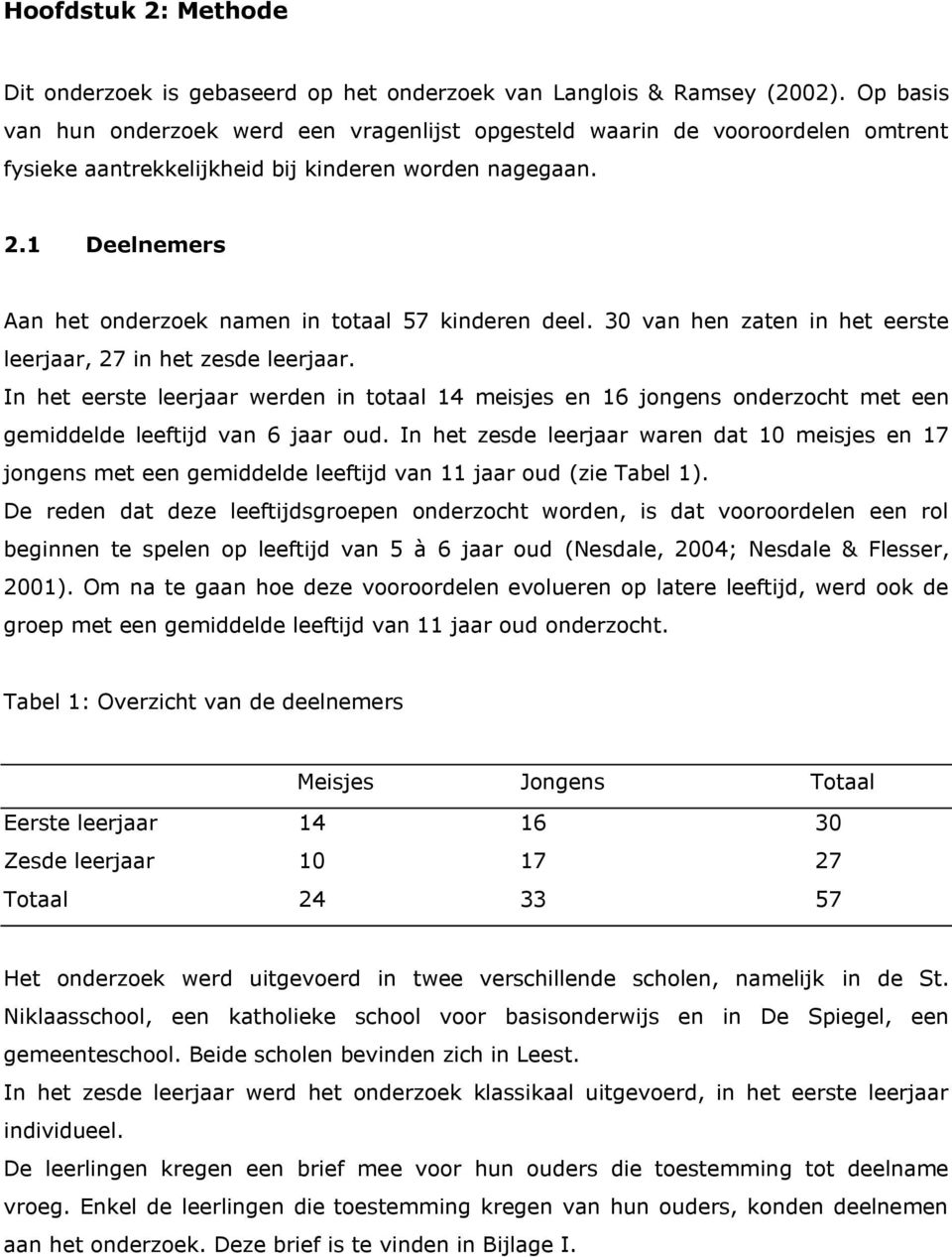 1 Deelnemers Aan het onderzoek namen in totaal 57 kinderen deel. 30 van hen zaten in het eerste leerjaar, 27 in het zesde leerjaar.