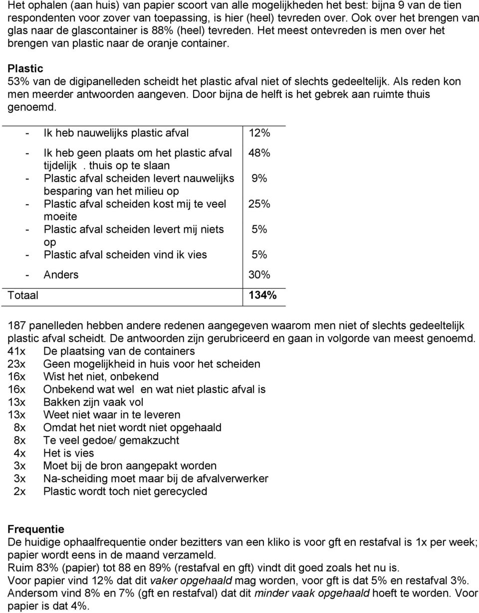 Plastic 53% van de digipanelleden scheidt het plastic afval niet of slechts gedeeltelijk. Als reden kon men meerder antwoorden aangeven. Door bijna de helft is het gebrek aan ruimte thuis genoemd.