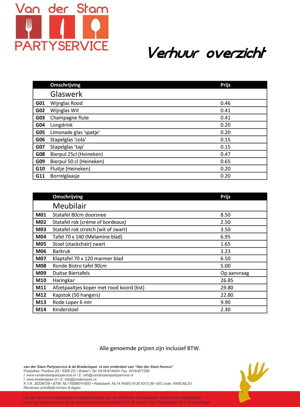 50 M02 Statafel rok (crème of bordeaux) 2.50 M03 Statafel rok stretch (wit of zwart) 3.50 M04 Tafel 70 x 140 (Melamine blad) 6.95 M05 Stoel (stackchair) zwart 1.65 M06 Barkruk 3.