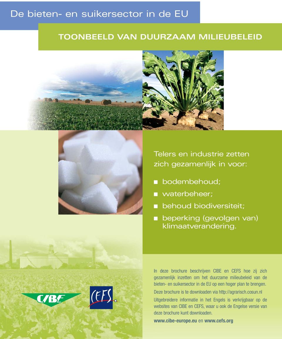 In deze brochure beschrijven CIBE en CEFS hoe zij zich gezamenlijk inzetten om het duurzame milieubeleid van de bieten- en suikersector in de EU op een hoger