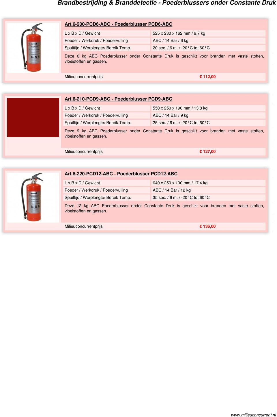 6-210-PCD9-ABC - Poederblusser PCD9-ABC optie1 550 x 250 x 190 mm / 13,8 kg optie2 ABC / 14 Bar / 9 kg optie3 25 sec. / 6 m.