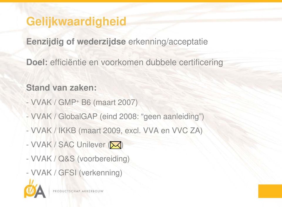 VVAK / GlobalGAP (eind 2008: geen aanleiding ) - VVAK / IKKB (maart 2009, excl.