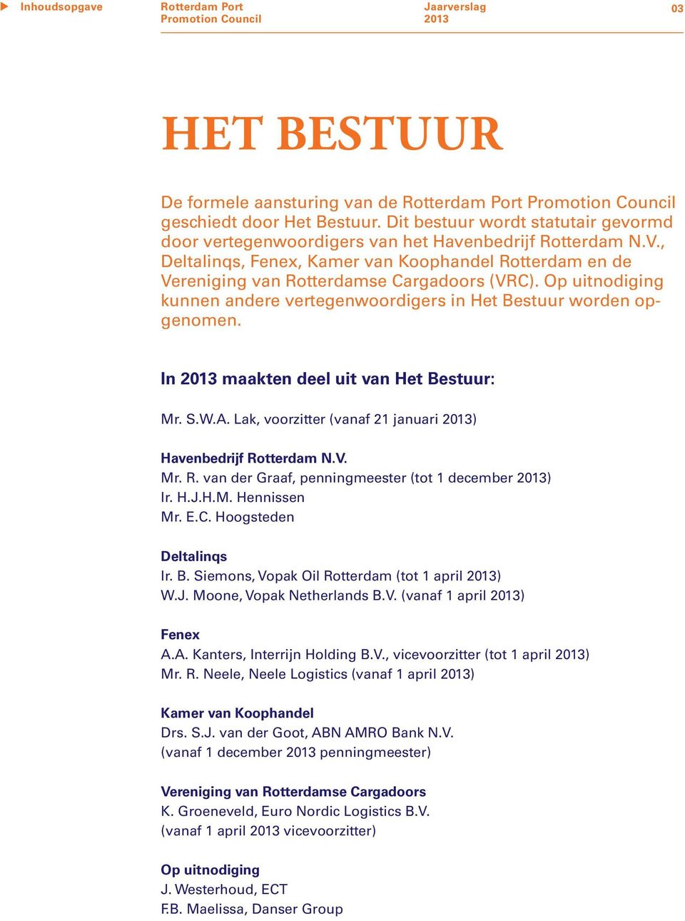 In maakten deel uit van Het Bestuur: Mr. S.W.A. Lak, voorzitter (vanaf 21 januari ) Havenbedrijf Rotterdam N.V. Mr. R. van der Graaf, penningmeester (tot 1 december ) Ir. H.J.H.M. Hennissen Mr. E.C.