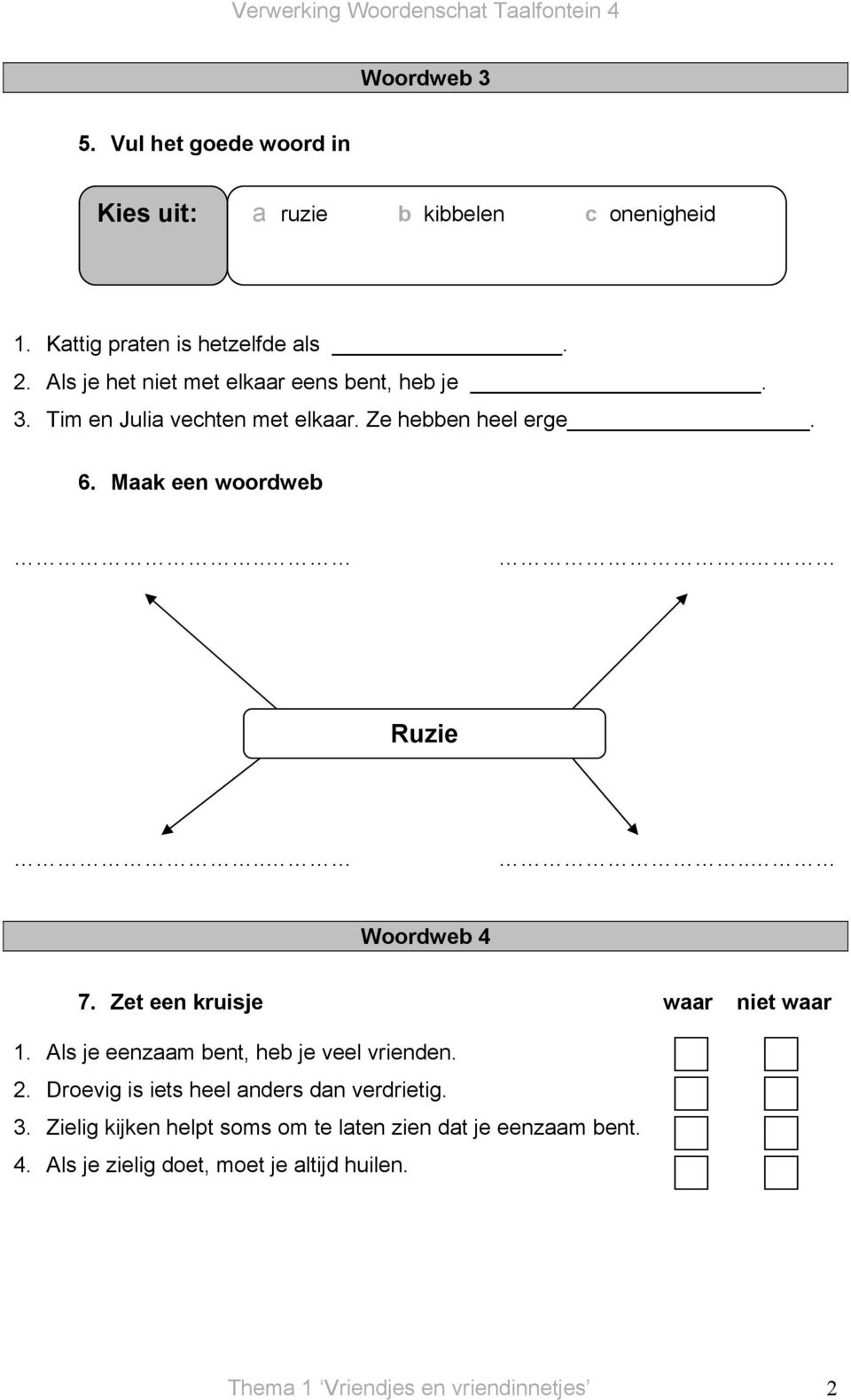 Maak een woordweb Ruzie Woordweb 4 7. Zet een kruisje waar niet waar 1. Als je eenzaam bent, heb je veel vrienden. 2.