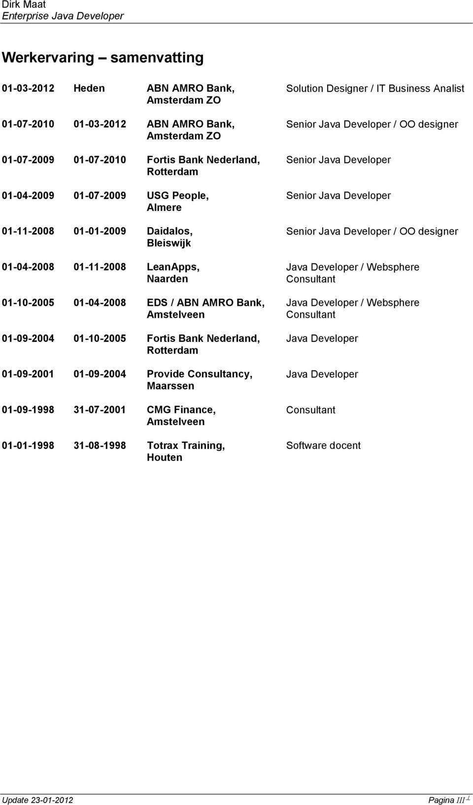 Rotterdam 01-09-2001 01-09-2004 Provide Consultancy, Maarssen 01-09-1998 31-07-2001 CMG Finance, Amstelveen 01-01-1998 31-08-1998 Totrax Training, Houten Solution Designer / IT Business Analist