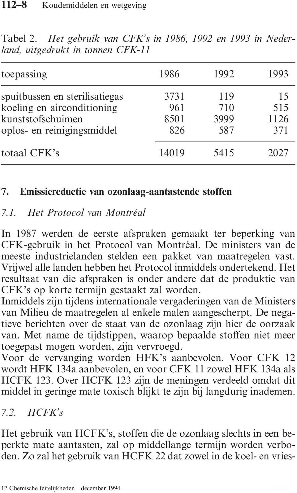 kunststofschuimen 8501 3999 1126 oplos- en reinigingsmiddel 826 587 371 totaal CFK s 14019 5415 2027 7. Emissiereductie van ozonlaag-aantastende stoffen 7.1. Het Protocol van Montréal In 1987 werden de eerste afspraken gemaakt ter beperking van CFK-gebruik in het Protocol van Montréal.