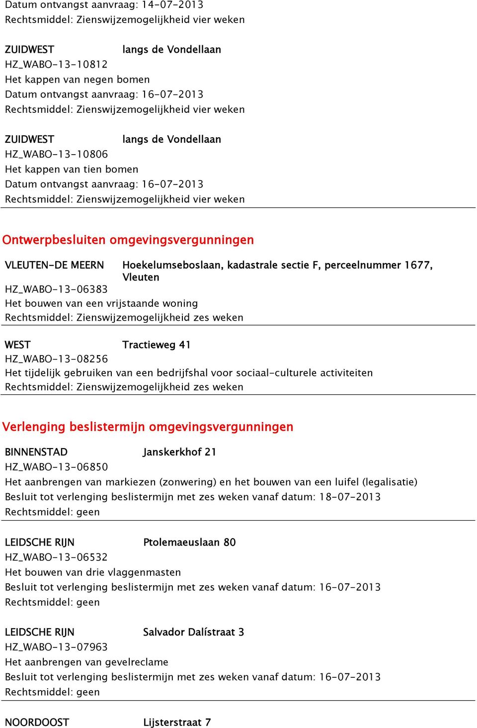 Het bouwen van een vrijstaande woning Rechtsmiddel: Zienswijzemogelijkheid zes weken WEST Tractieweg 41 HZ_WABO-13-08256 Het tijdelijk gebruiken van een bedrijfshal voor sociaal-culturele