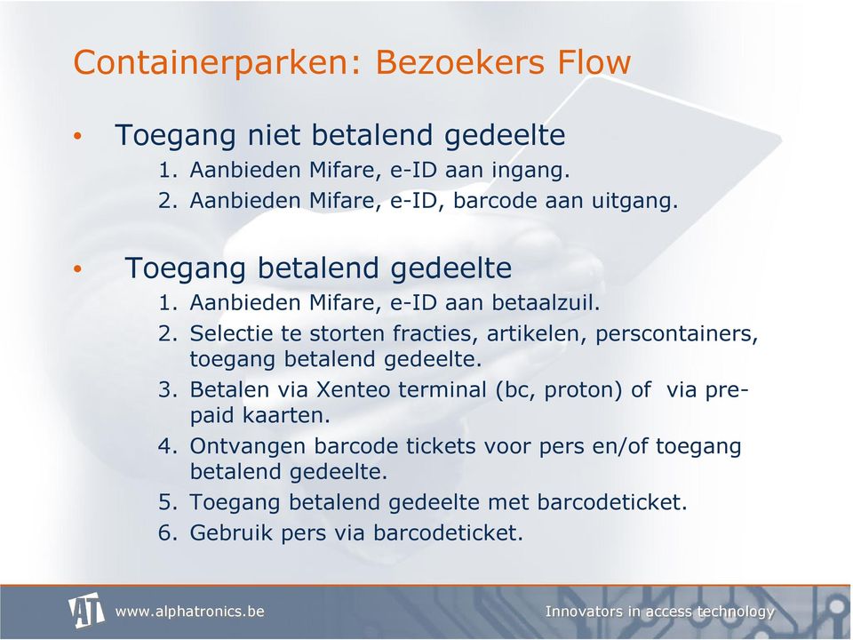 Selectie te storten fracties, artikelen, perscontainers, toegang betalend gedeelte. 3.