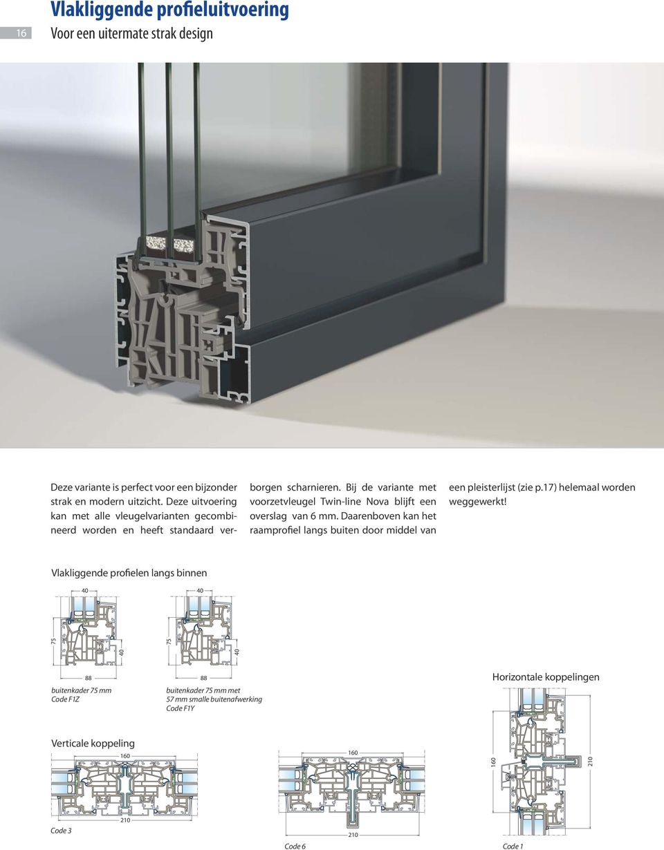 Bij de variante met voorzetvleugel Twin-line Nova blijft een overslag van 6 mm. Daarenboven kan het raamprofiel langs buiten door middel van een pleisterlijst (zie p.