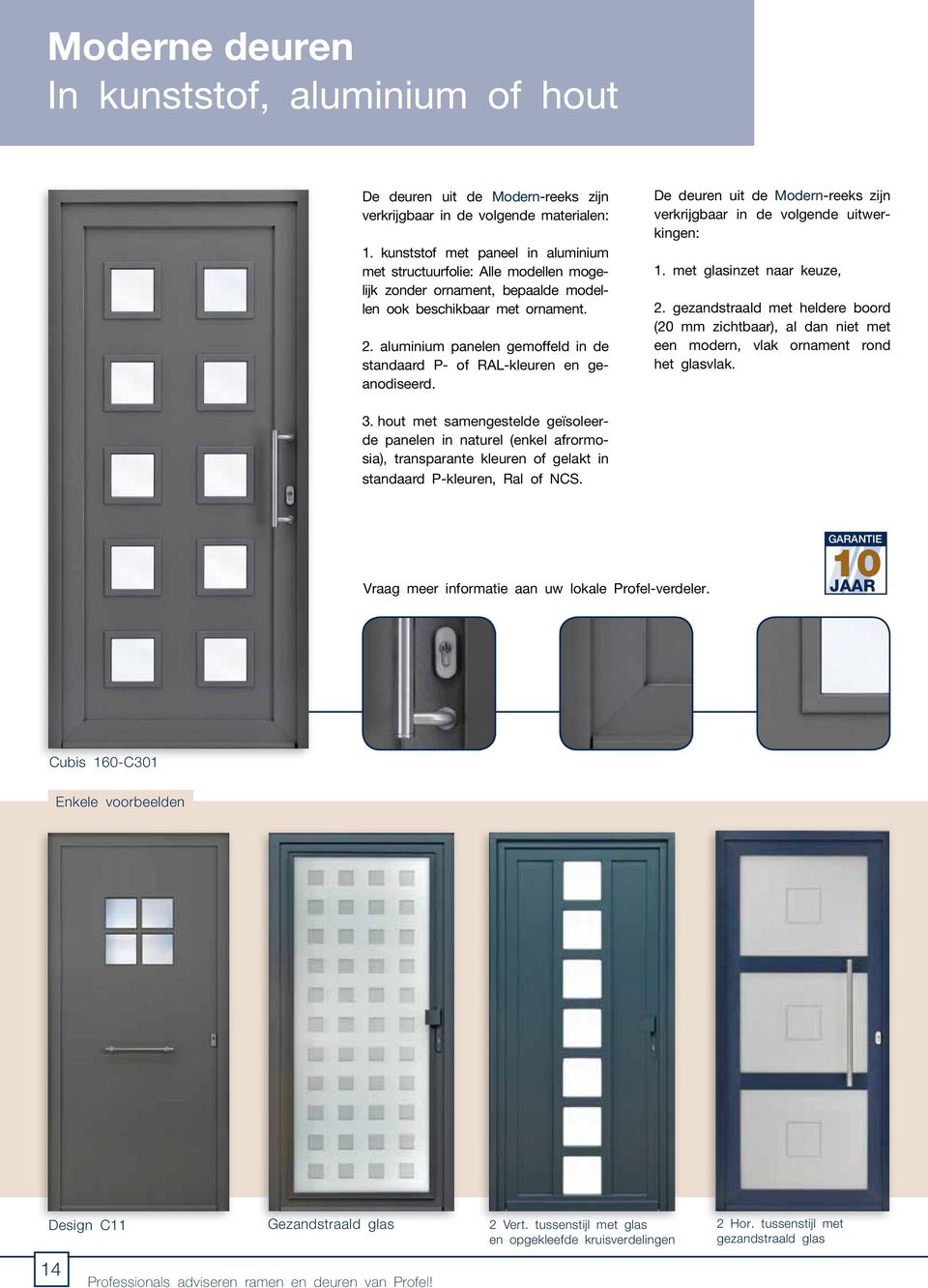 aluminium panelen gemoffeld in de standaard P- of RAL-kleuren en geanodiseerd. De deuren uit de Modern-reeks zijn verkrijgbaar in de volgende uitwerkingen: 1. met glasinzet naar keuze, 2.