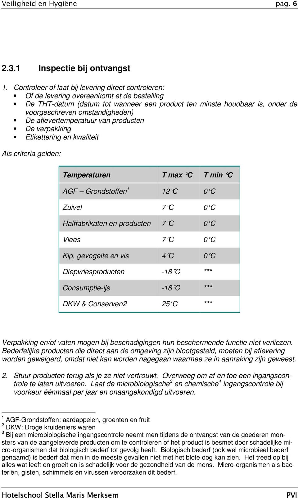 omstandigheden) De aflevertemperatuur van producten De verpakking Etikettering en kwaliteit Als criteria gelden: Temperaturen T max C T min C AGF Grondstoffen 1 12 C 0 C Zuivel 7 C 0 C Halffabrikaten