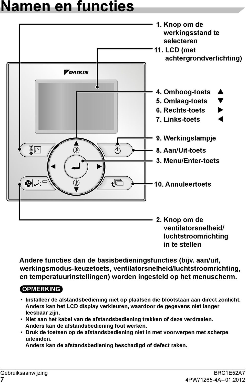 aan/uit, werkingsmodus-keuzetoets, ventilatorsnelheid/luchtstroomrichting, en temperatuurinstellingen) worden ingesteld op het menuscherm.