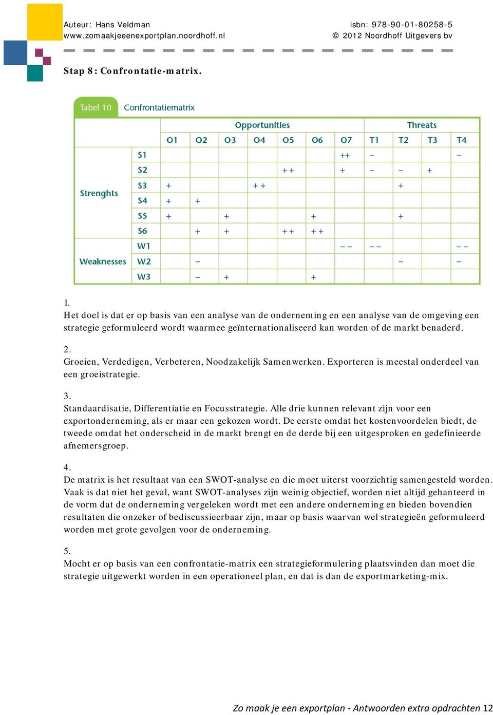 Groeien, Verdedigen, Verbeteren, Noodzakelijk Samenwerken. Exporteren is meestal onderdeel van een groeistrategie. Standaardisatie, Differentiatie en Focusstrategie.