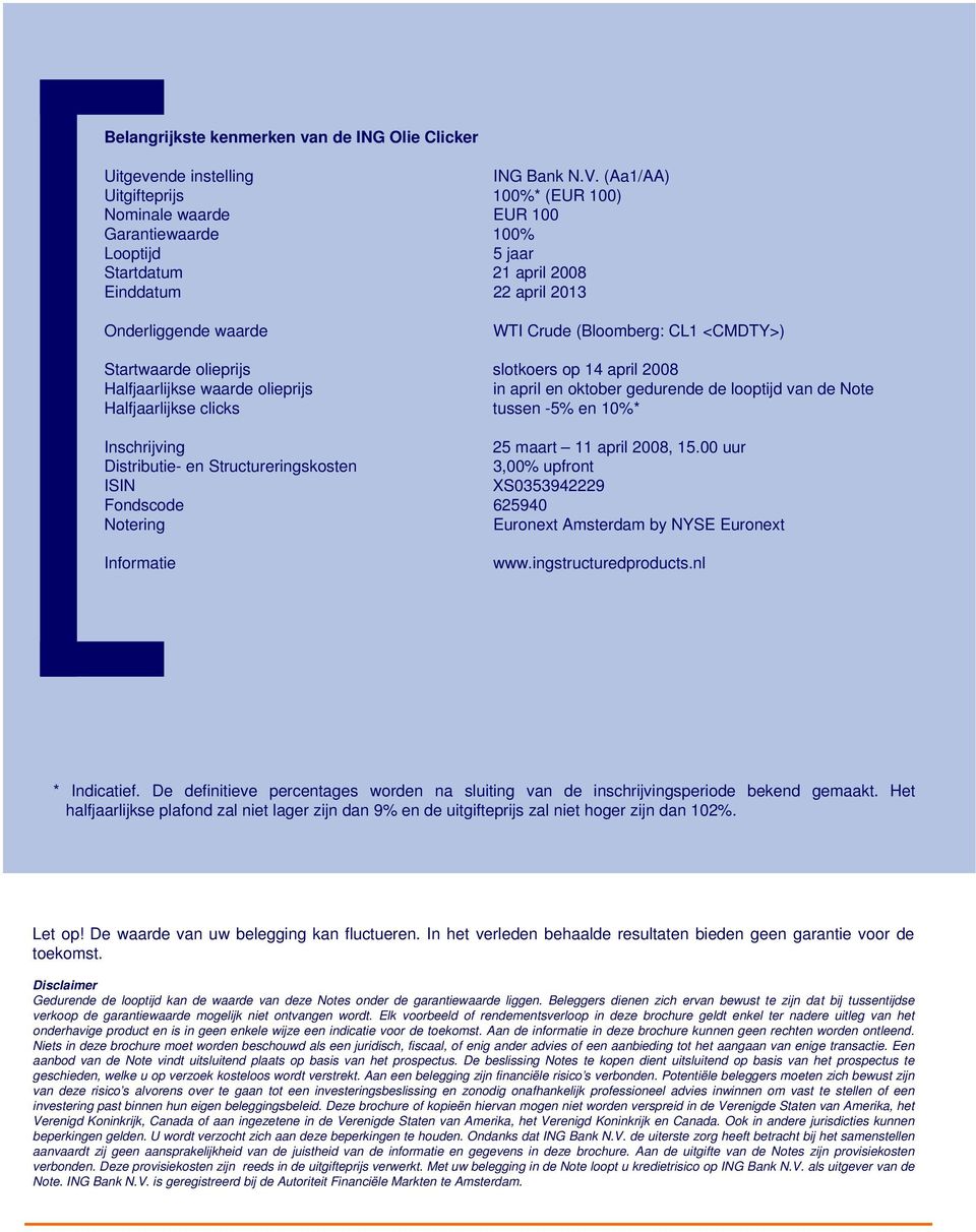 <CMDTY>) Startwaarde olieprijs slotkoers op 14 april 2008 Halfjaarlijkse waarde olieprijs in april en oktober gedurende de looptijd van de Note Halfjaarlijkse clicks tussen -5% en 10%* Inschrijving