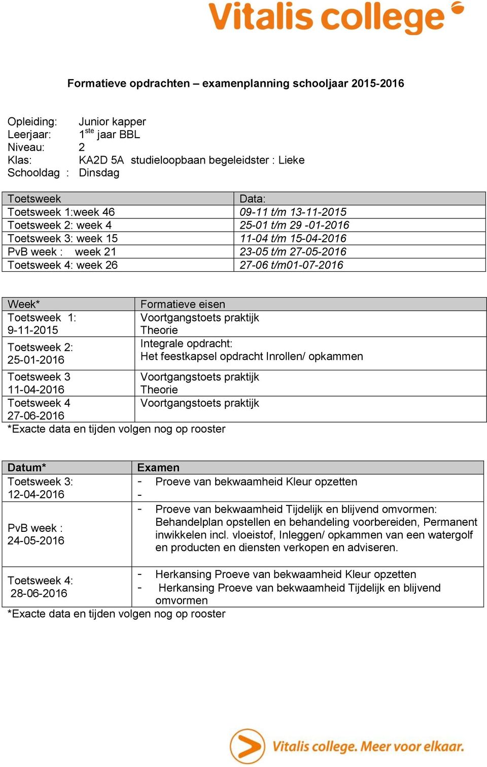 bekwaamheid Kleur opzetten - - Proeve van bekwaamheid Tijdelijk en blijvend omvormen: Behandelplan opstellen en behandeling voorbereiden, Permanent inwikkelen incl.