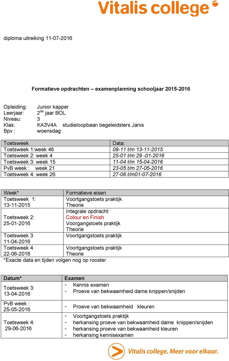 : week 26 13-11-2015 Colour en Finish 22-06-2016 : 13-04-2016 25-05-2016 : 29-06-2016 - Kennis examen - Proeve van bekwaamheid dame knippen/snijden -