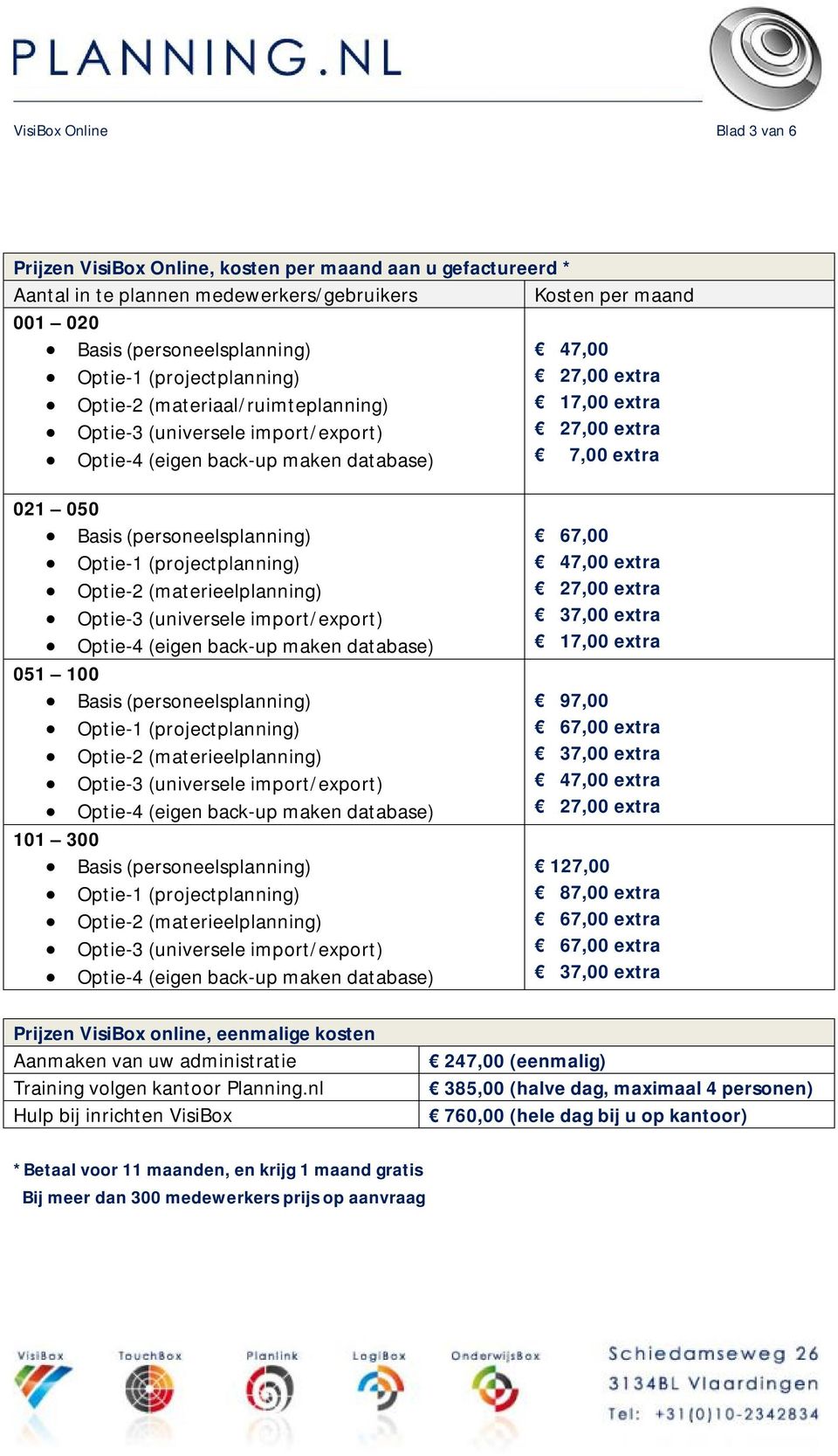 (projectplanning) Optie-2 (materieelplanning) Optie-3 (universele import/export) Optie-4 (eigen back-up maken database) 051 100 Basis (personeelsplanning) Optie-1 (projectplanning) Optie-2