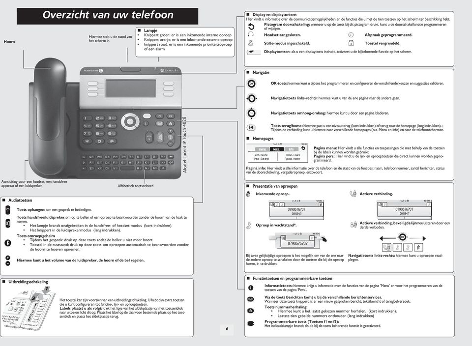 beschikking hebt. Pictogram doorschakeling: wanneer u op de toets bij dit pictogram drukt, kunt u de doorschakelfunctie programmeren of wijzigen. Headset aangesloten. Afspraak geprogrammeerd.