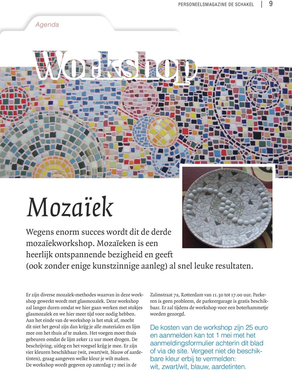 Er zijn diverse mozaïek-methodes waarvan in deze workshop gewerkt wordt met glasmozaïek.