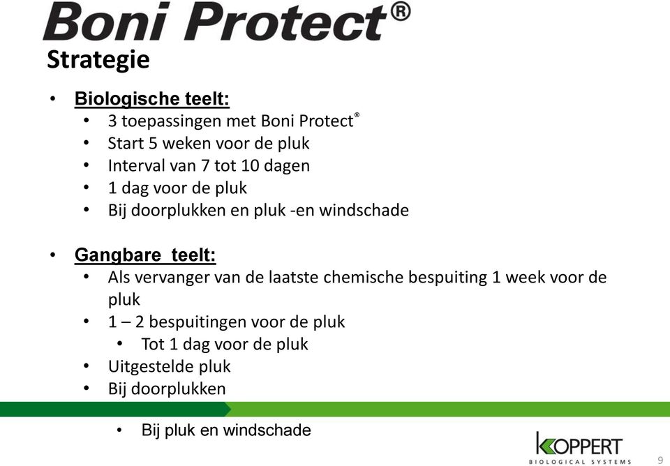 Gangbare teelt: Als vervanger van de laatste chemische bespuiting 1 week voor de pluk 1 2