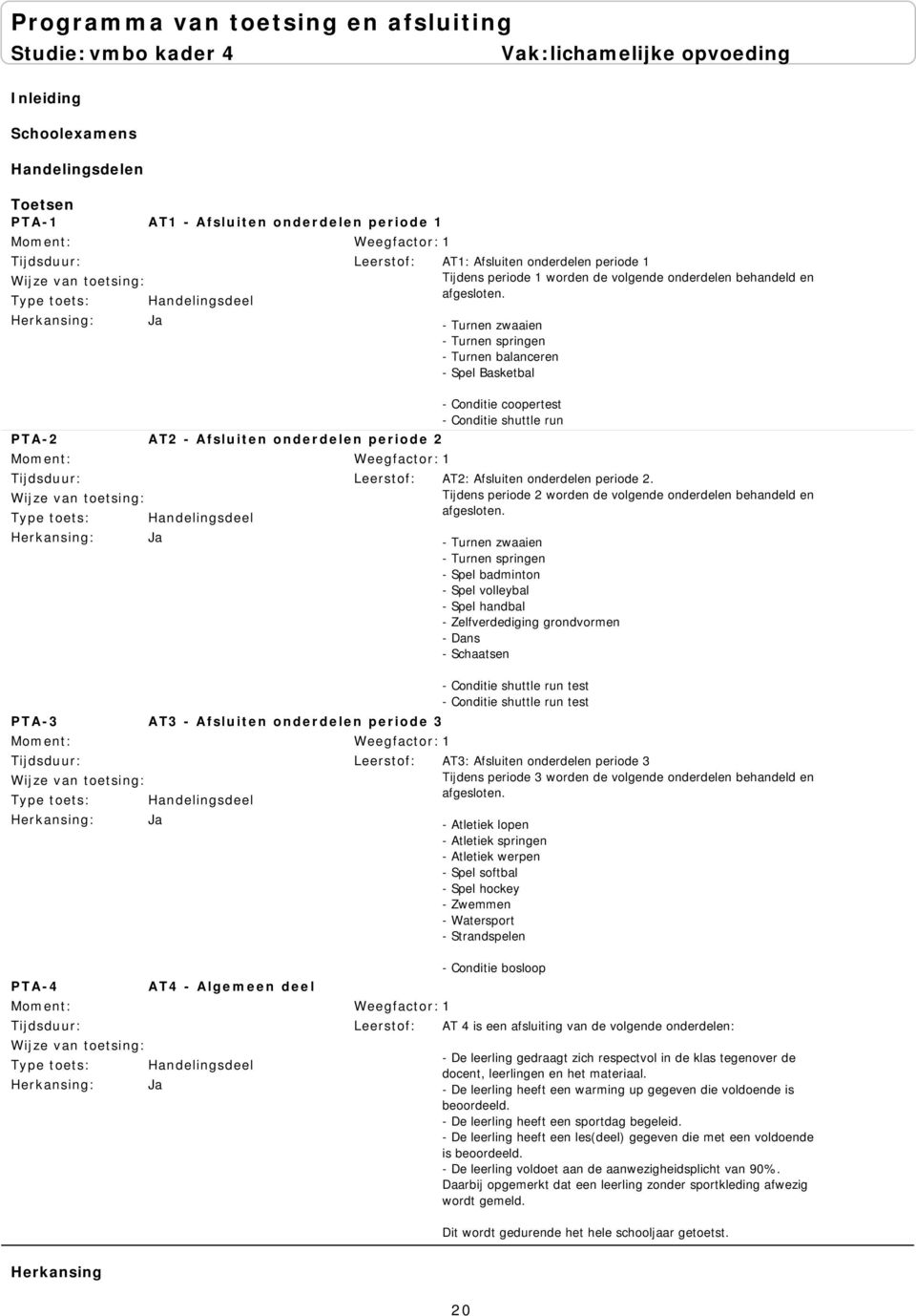 Weegfactor: 1 PTA-3 AT3 - Afsluiten onderdelen periode 3 Handelingsdeel Ja - Turnen zwaaien - Turnen springen - Turnen balanceren - Spel Basketbal - Conditie coopertest - Conditie shuttle run AT2: