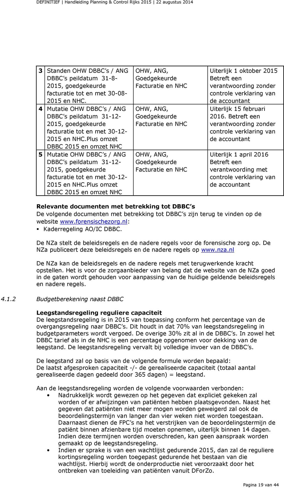 Plus omzet DBBC 2015 en omzet NHC 5 Mutatie OHW DBBC s / ANG DBBC s peildatum 31-12- 2015, goedgekeurde facturatie tot en met 30-12- 2015 en NHC.