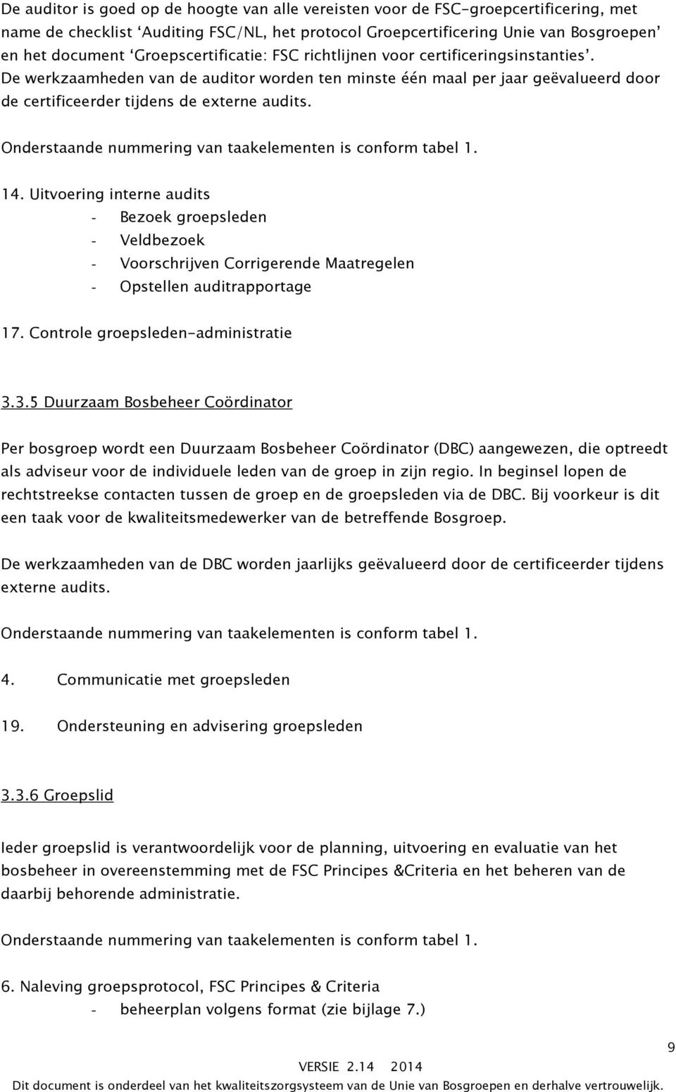 Onderstaande nummering van taakelementen is conform tabel 1. 14. Uitvoering interne audits - Bezoek groepsleden - Veldbezoek - Voorschrijven Corrigerende Maatregelen - Opstellen auditrapportage 17.