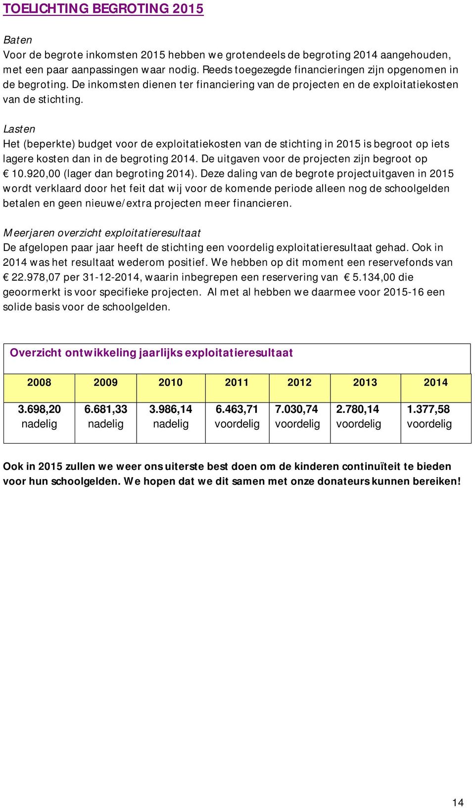 Lasten Het (beperkte) budget voor de exploitatiekosten van de stichting in 2015 is begroot op iets lagere kosten dan in de begroting 2014. De uitgaven voor de projecten zijn begroot op 10.