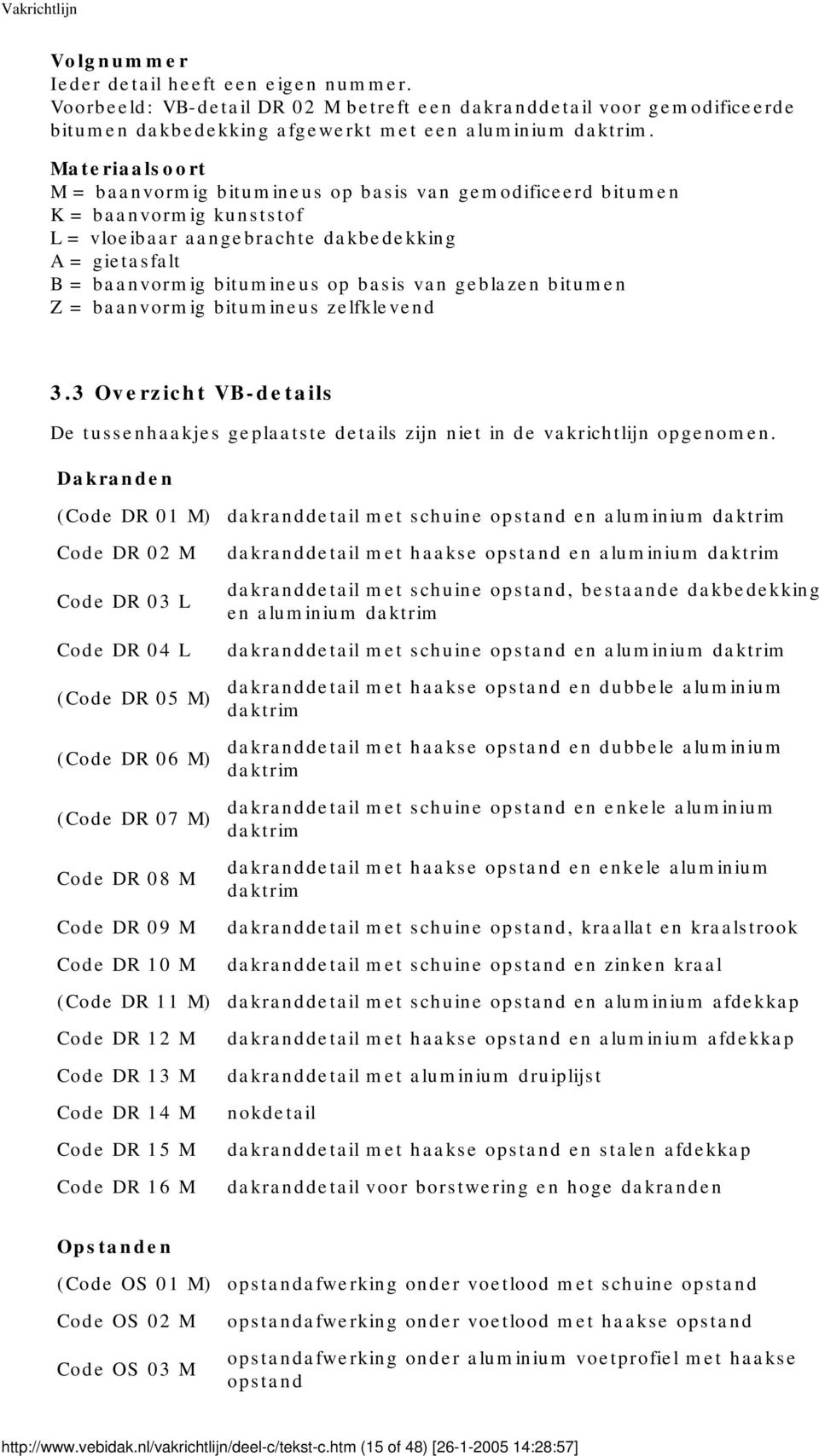 geblazen bitumen Z = baanvormig bitumineus zelfklevend 3.3 Overzicht VB-details De tussenhaakjes geplaatste details zijn niet in de vakrichtlijn opgenomen.