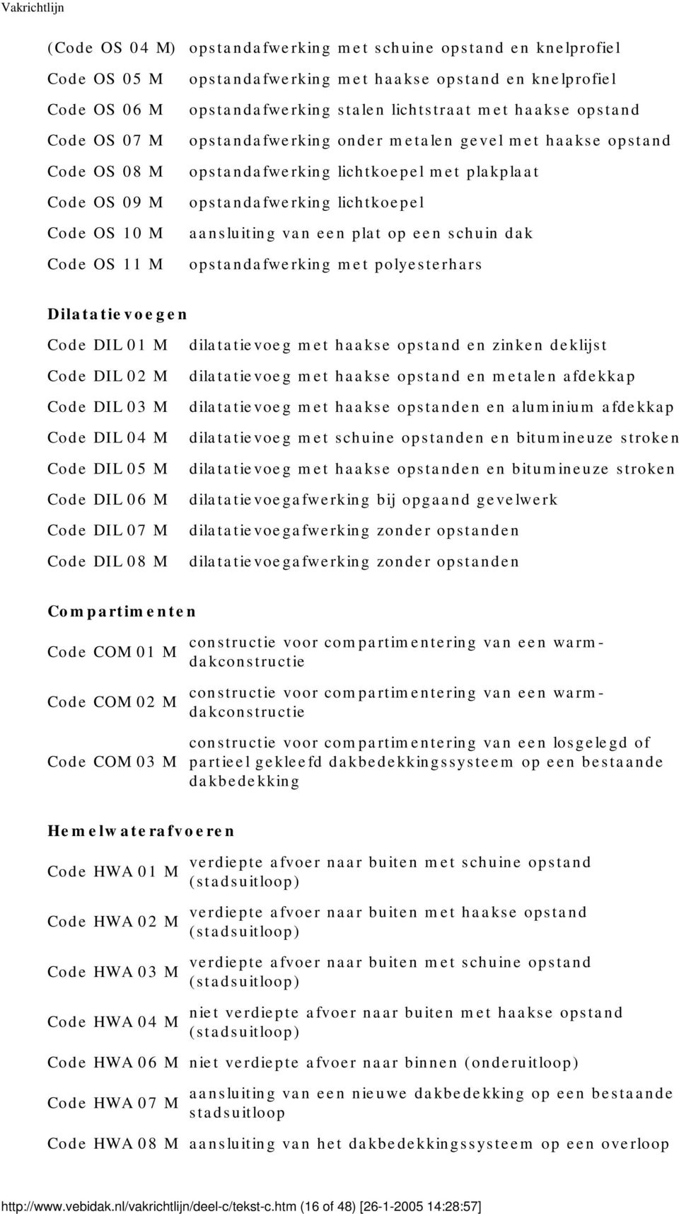 aansluiting van een plat op een schuin dak opstandafwerking met polyesterhars Dilatatievoegen Code DIL 01 M Code DIL 02 M Code DIL 03 M Code DIL 04 M Code DIL 05 M Code DIL 06 M Code DIL 07 M Code