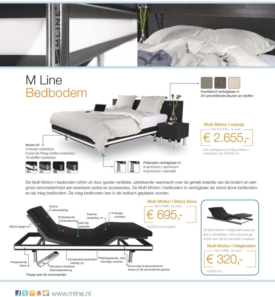 hoofdbord en 2 Slow Motion I matrassen van 70x200 cm De Multi Motion I bedbodem blinkt uit door goede ventilatie, uitstekende veerkracht over de gehele breedte van de bodem en een grote