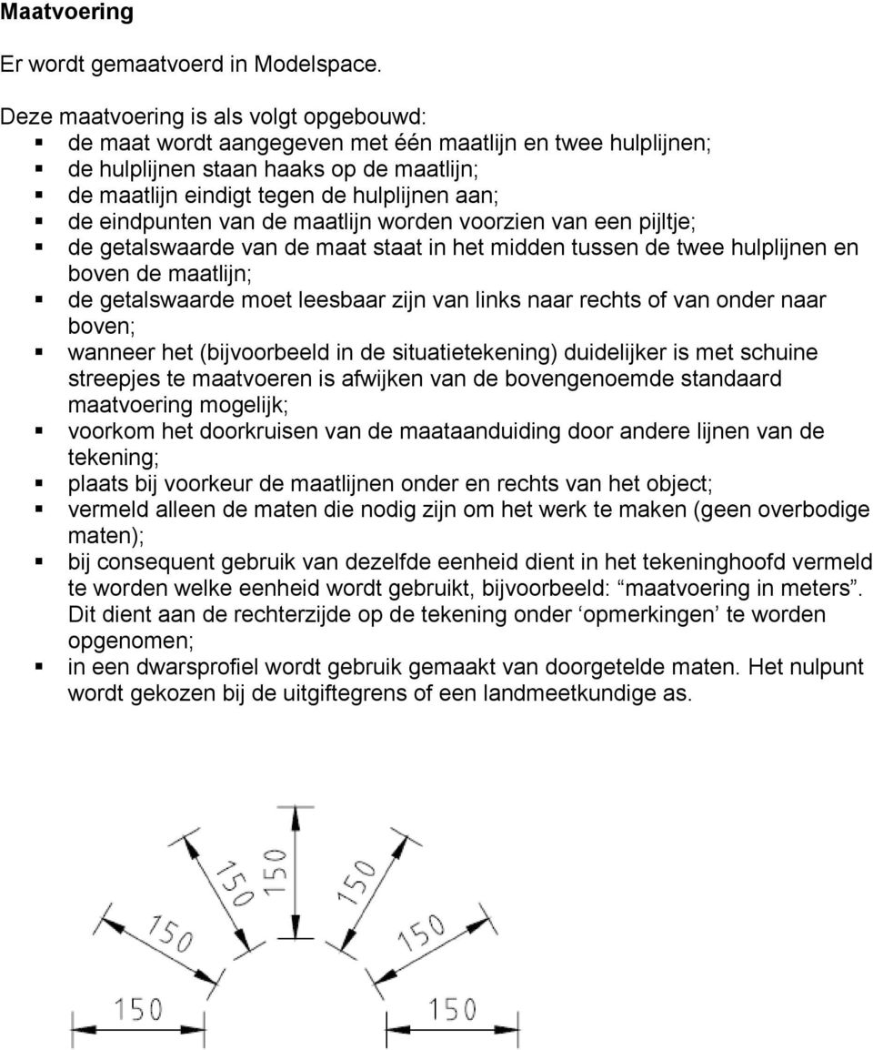 eindpunten van de maatlijn worden voorzien van een pijltje; de getalswaarde van de maat staat in het midden tussen de twee hulplijnen en boven de maatlijn; de getalswaarde moet leesbaar zijn van