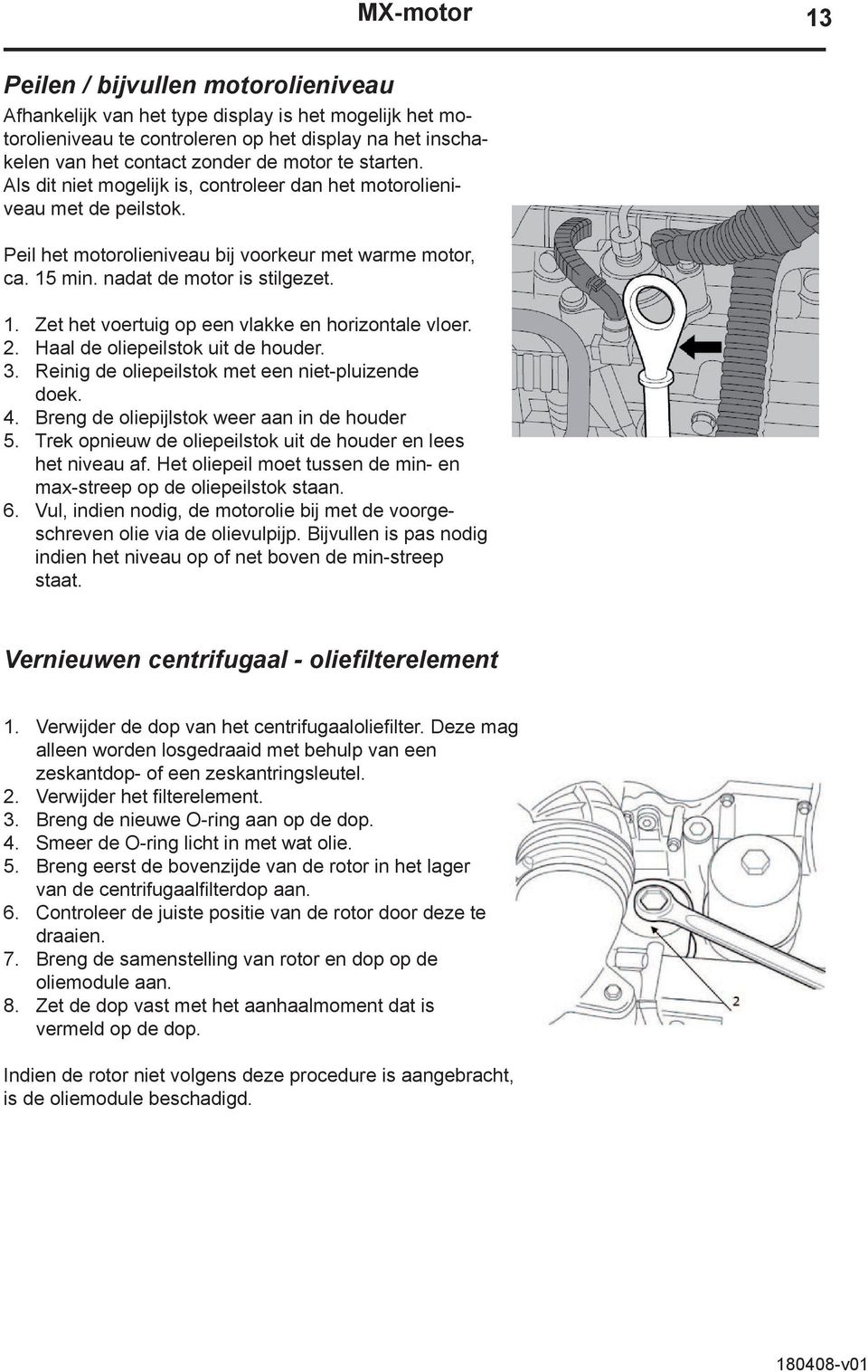 2. Haal de oliepeilstok uit de houder. 3. Reinig de oliepeilstok met een niet-pluizende doek. 4. Breng de oliepijlstok weer aan in de houder 5.