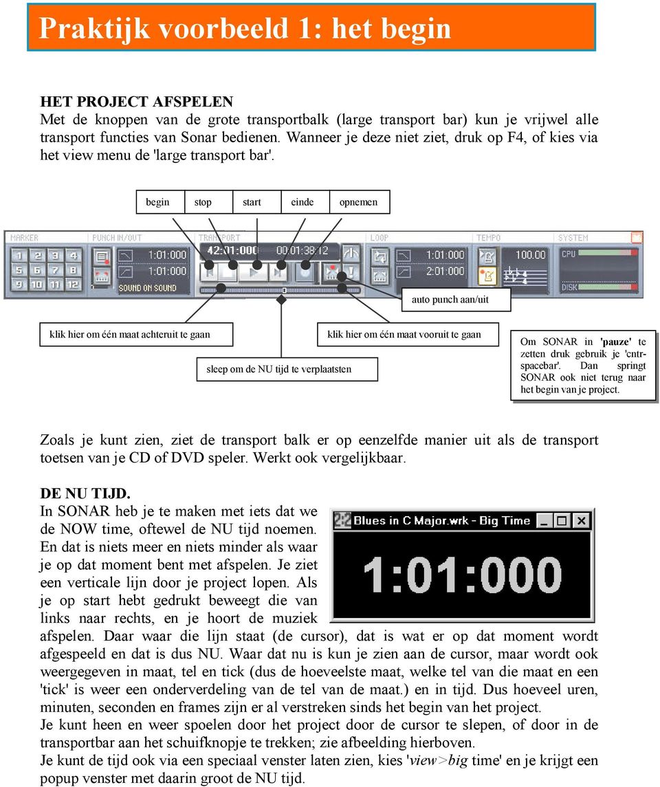 begin stop start einde opnemen auto punch aan/uit klik hier om één maat achteruit te gaan sleep om de NU tijd te verplaatsten klik hier om één maat vooruit te gaan Om SONAR in 'pauze' te zetten druk