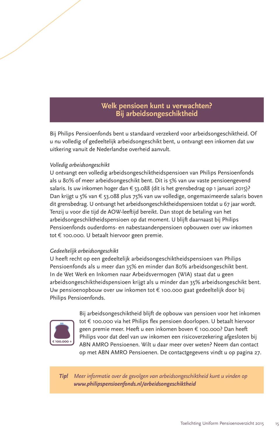 Volledig arbeidsongeschikt U ontvangt een volledig arbeidsongeschiktheidspensioen van Philips Pensioenfonds als u 80% of meer arbeidsongeschikt bent. Dit is 5% van uw vaste pensioengevend salaris.